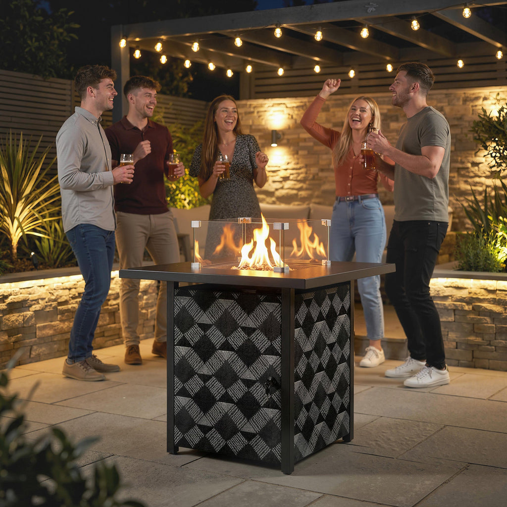12 KW Square Propane Gas Fire Pit Table with Wind Guard, Black