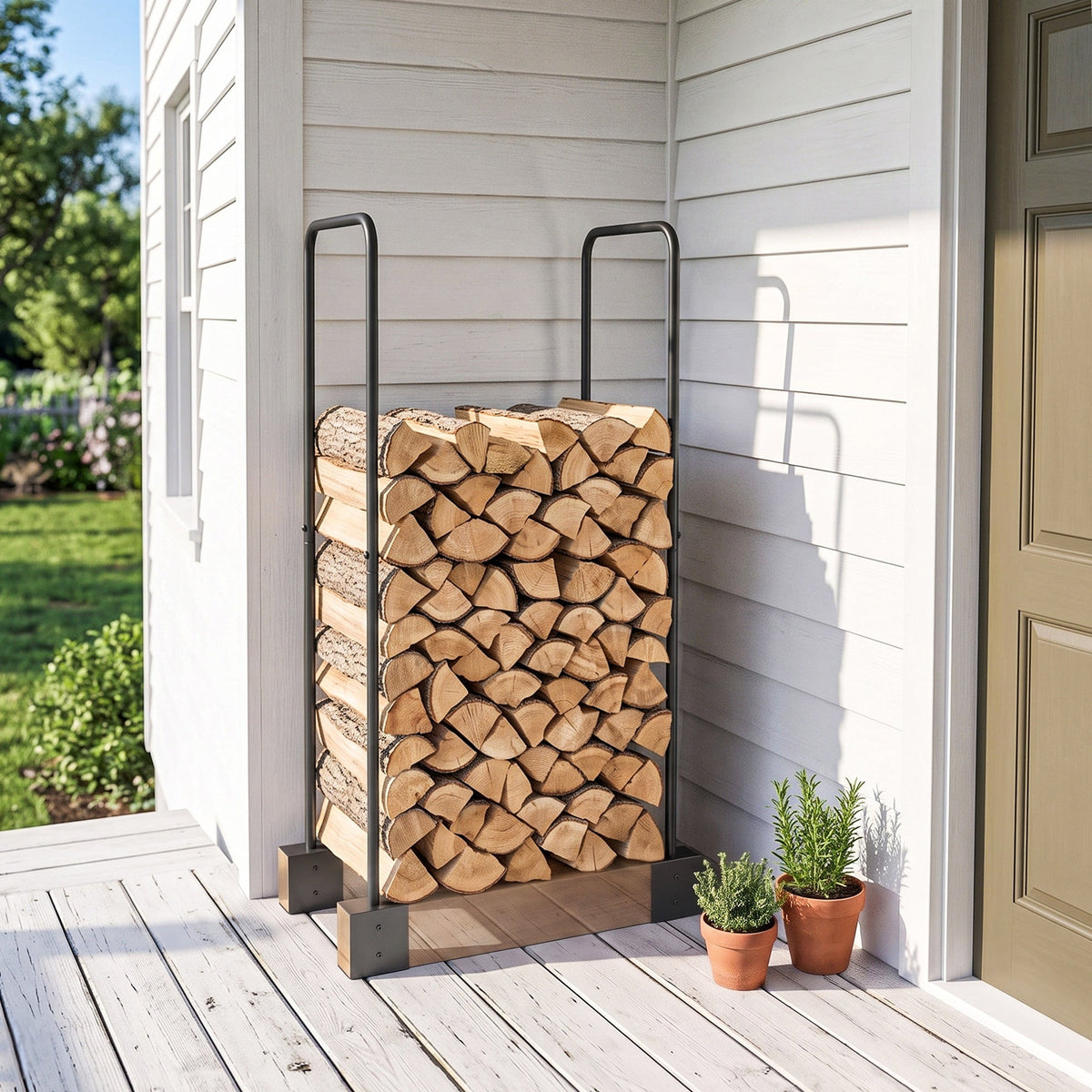 Heavy-Duty Steel DIY Firewood Rack with Customizable Width for Indoor & Outdoor Log Storage, Black