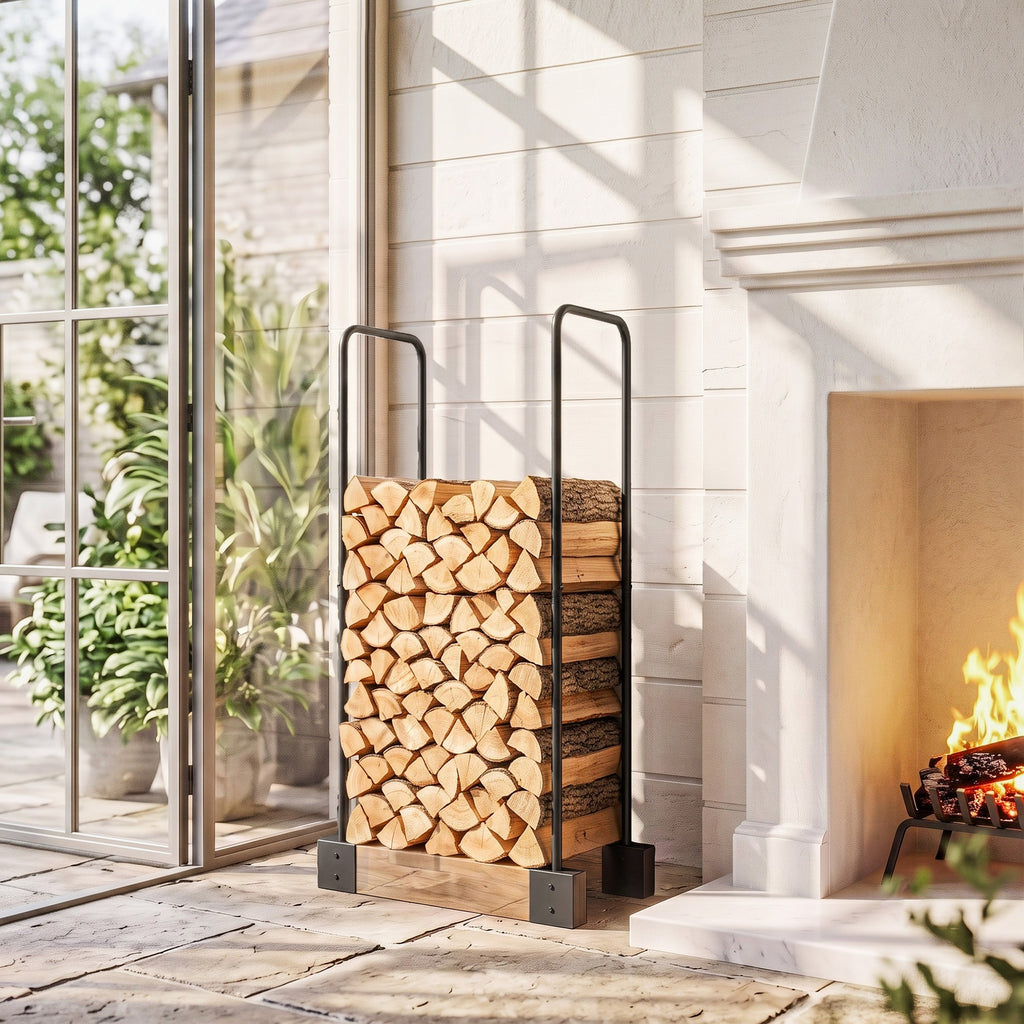 Heavy-Duty Steel DIY Firewood Rack with Customizable Width for Indoor & Outdoor Log Storage, Black