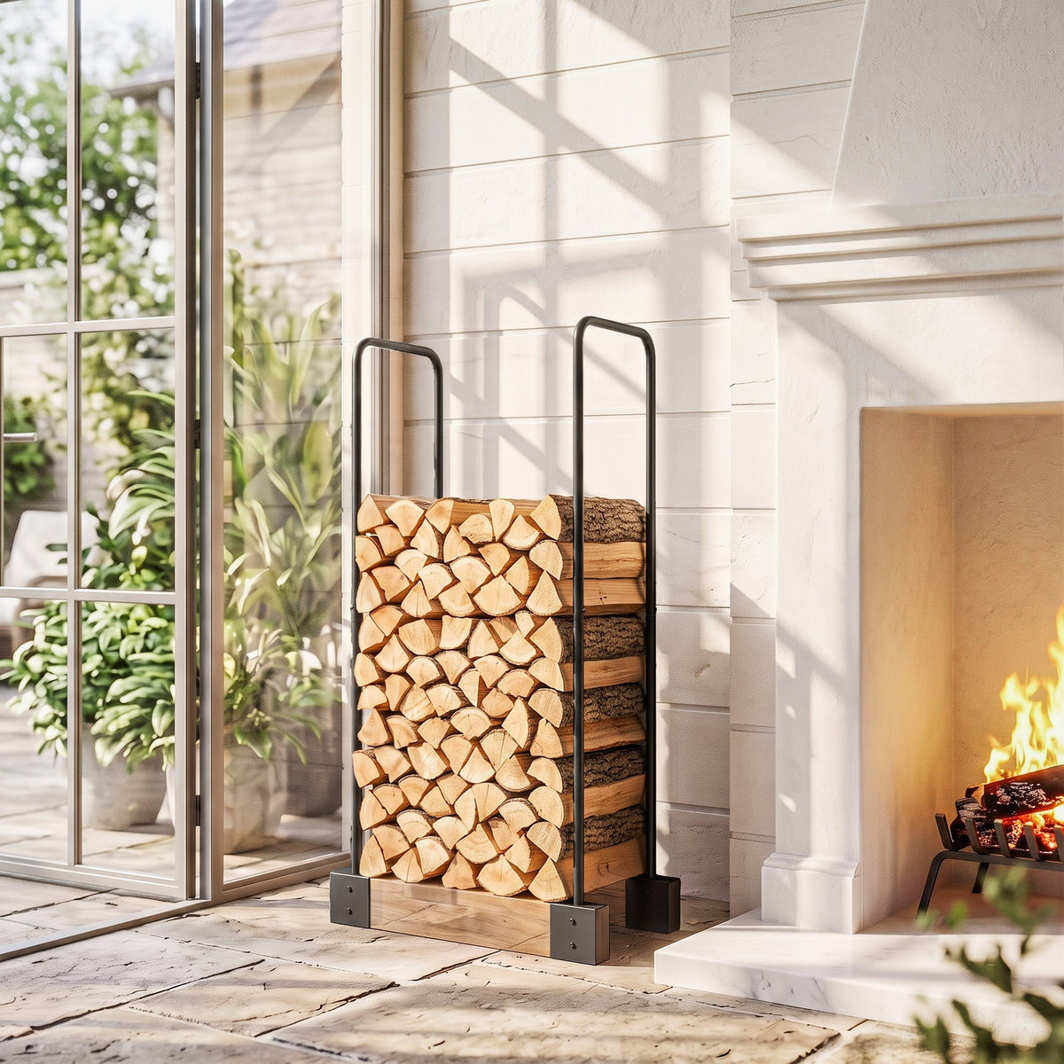 Heavy-Duty Steel DIY Firewood Rack with Customizable Width for Indoor & Outdoor Log Storage, Black