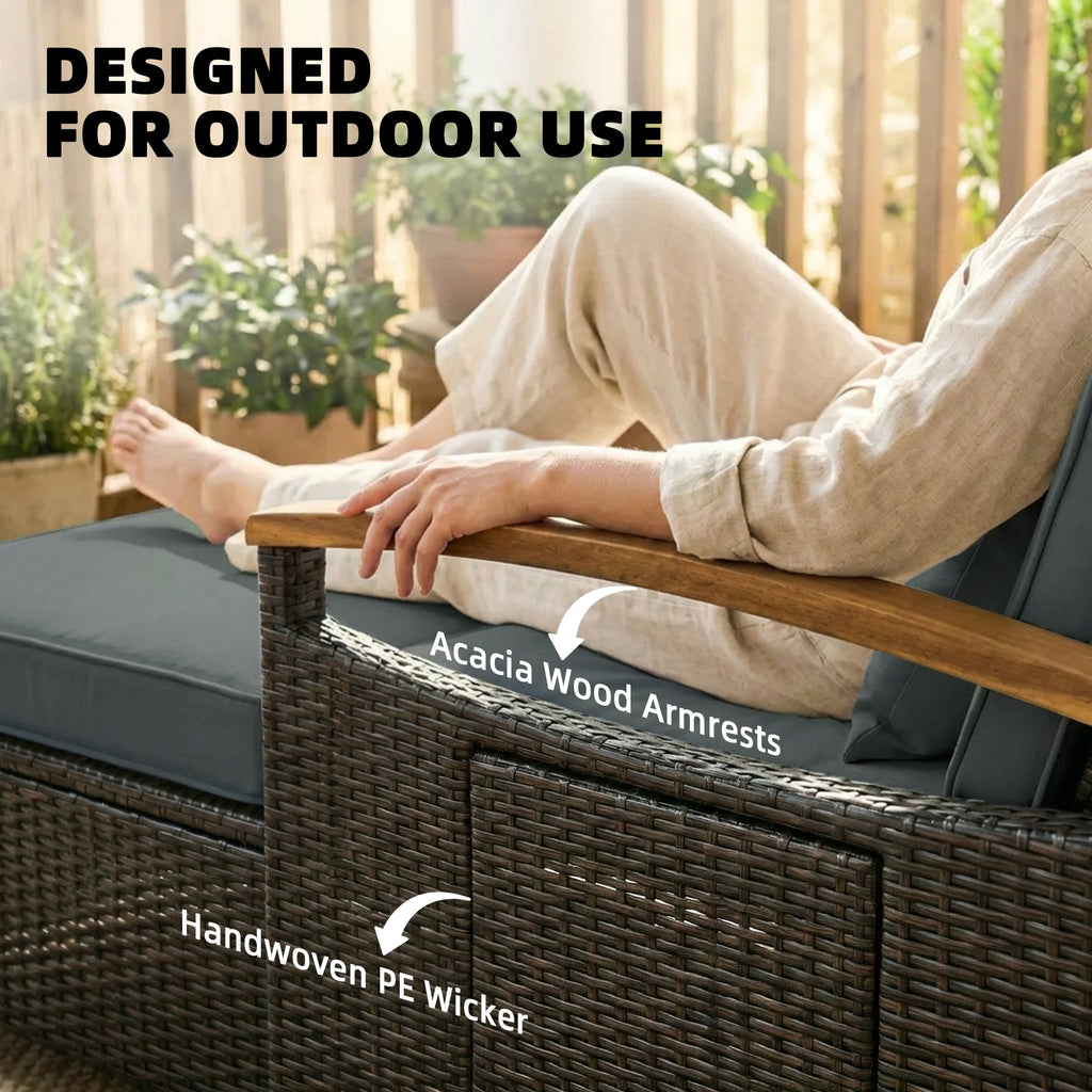 Rattan Daybed with Adjustable Backrest, Storage Ottoman, Mixed Gray