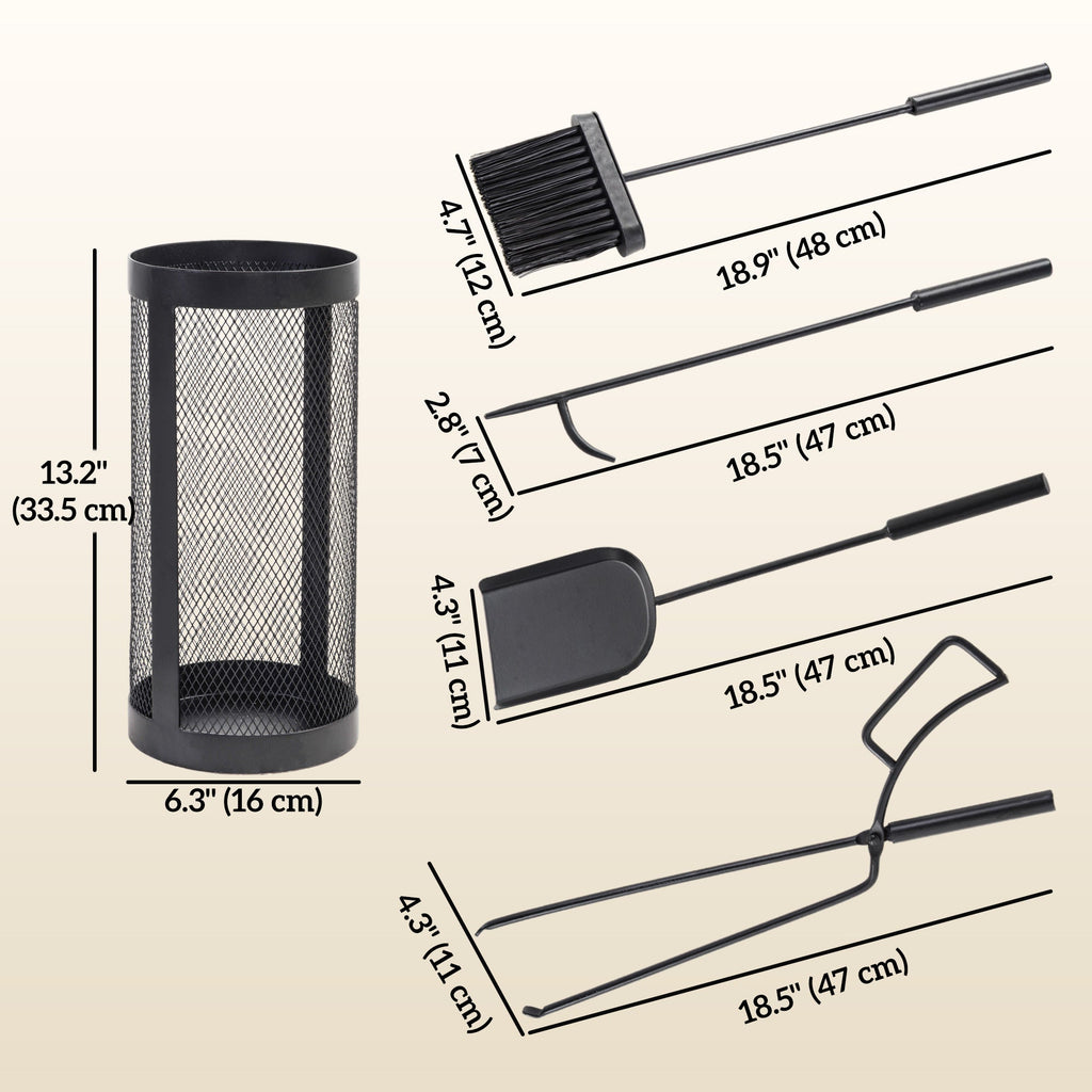 5-Piece Metal Fireplace Tool Set with Brush, Shovel, Poker, Tongs & Mesh Basket, Black