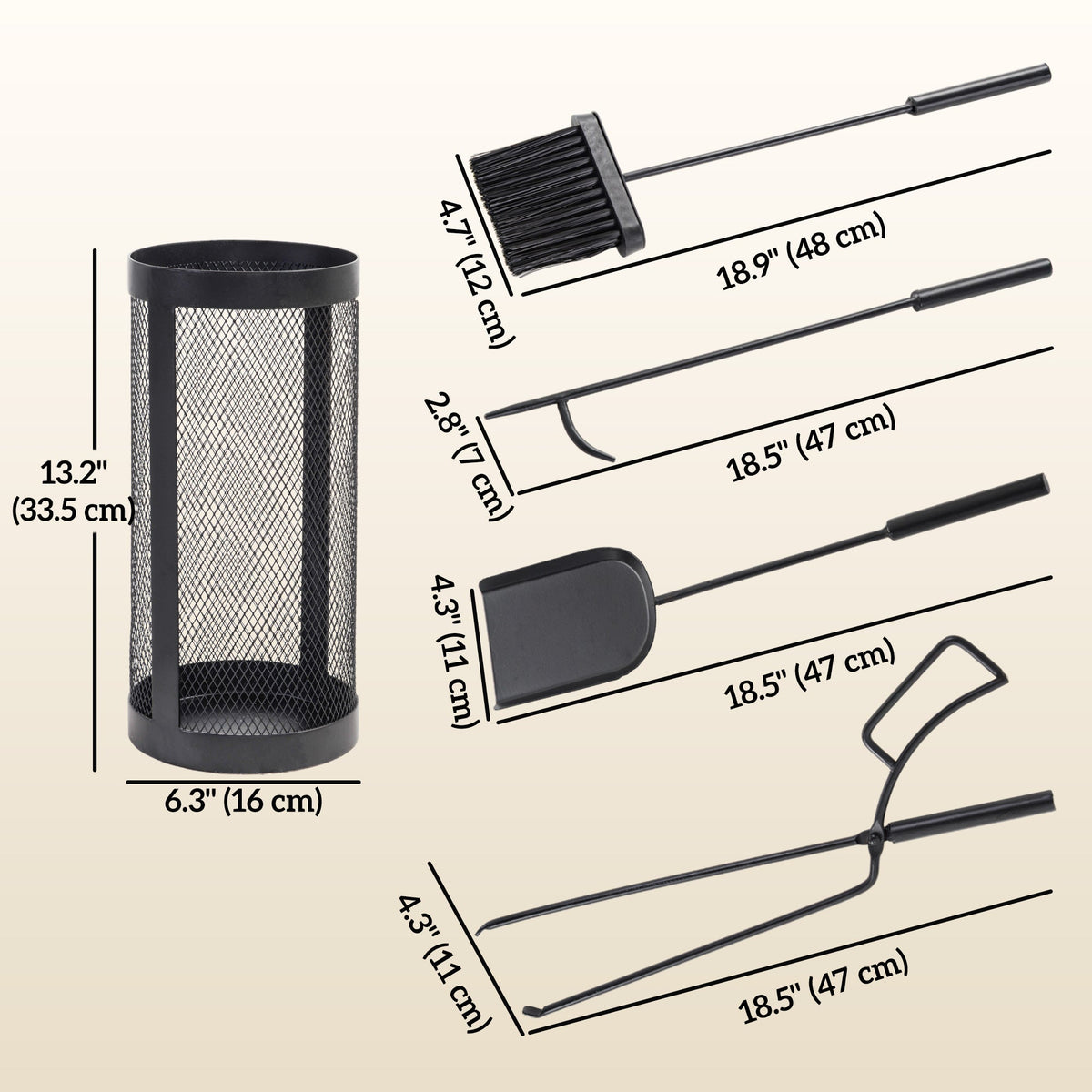 5-Piece Metal Fireplace Tool Set with Brush, Shovel, Poker, Tongs & Mesh Basket, Black