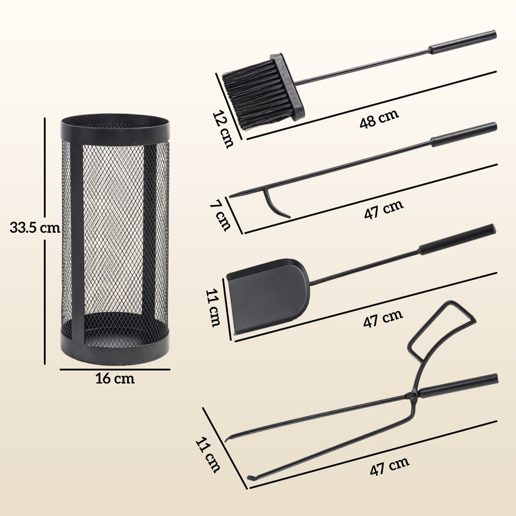 5-Piece Metal Fireplace Tool Set with Brush, Shovel, Poker, Tongs & Mesh Bucket for Indoor or Outdoor Fireplaces