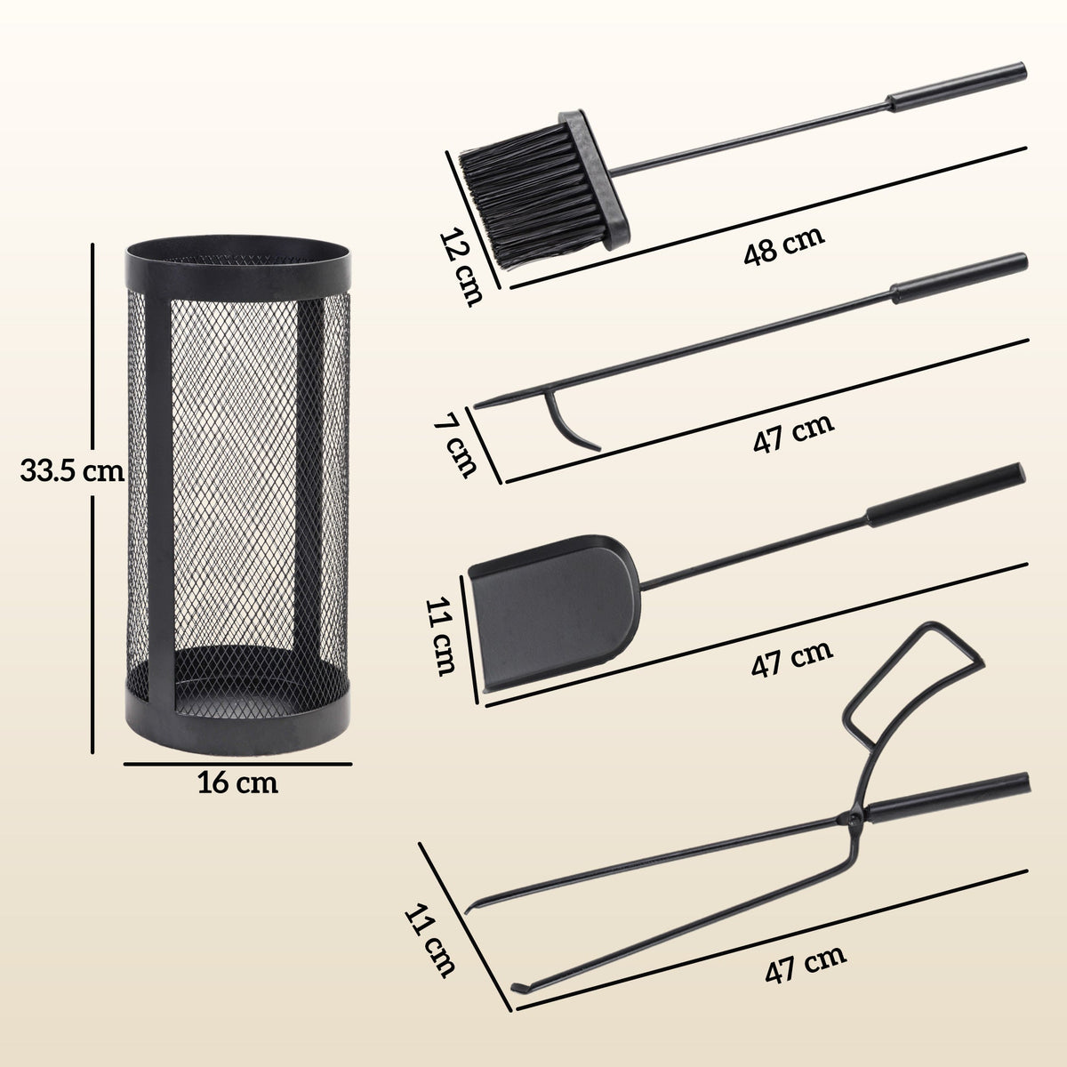5-Piece Metal Fireplace Tool Set with Brush, Shovel, Poker, Tongs & Mesh Bucket for Indoor or Outdoor Fireplaces