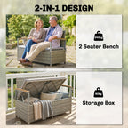 144L 2-Seater Rattan Storage Bench with Acacia Armrests & Gas Strut, Light Grey