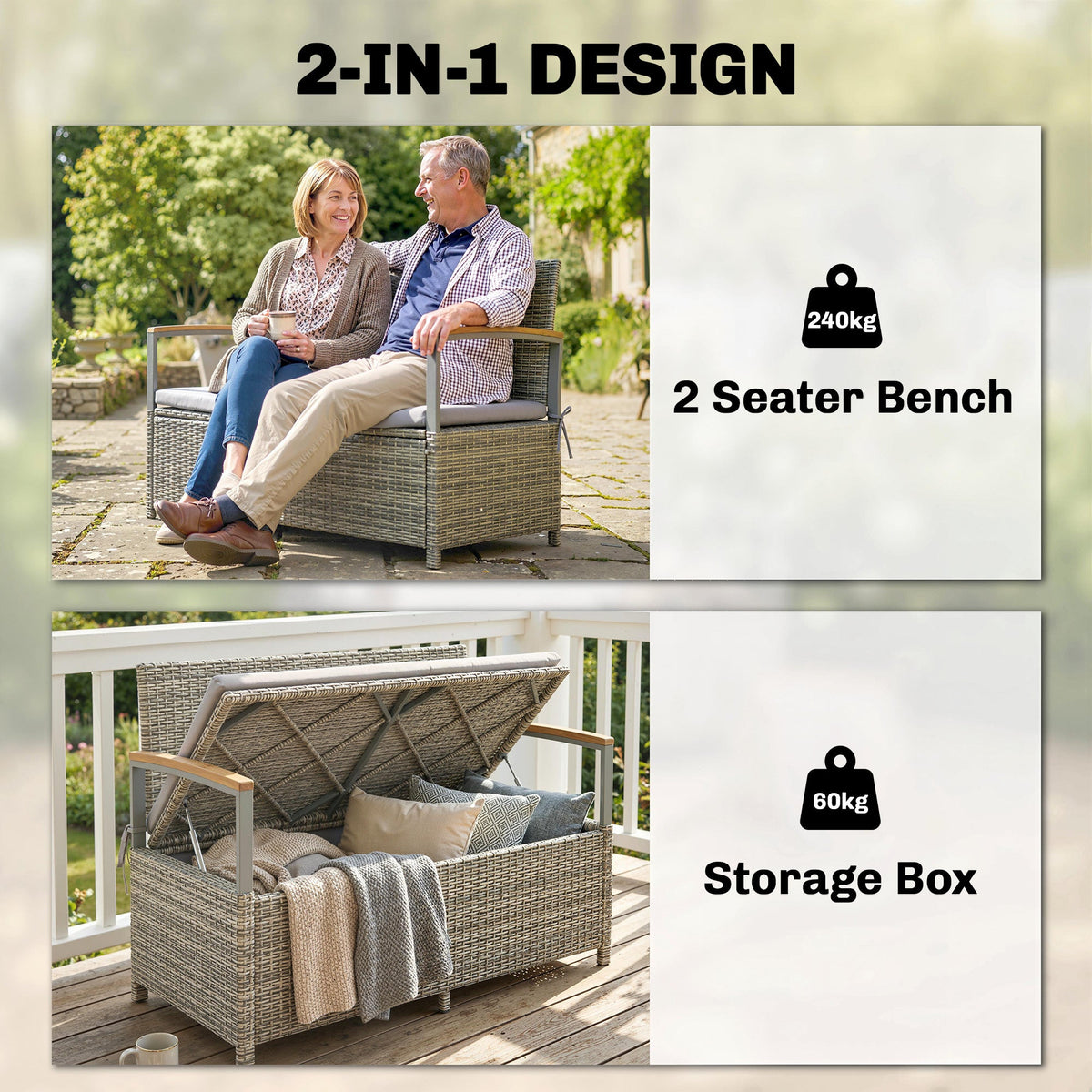 144L 2-Seater Rattan Storage Bench with Acacia Armrests & Gas Strut, Light Grey