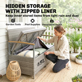 144L 2-Seater Rattan Storage Bench with Acacia Armrests & Gas Strut, Light Grey