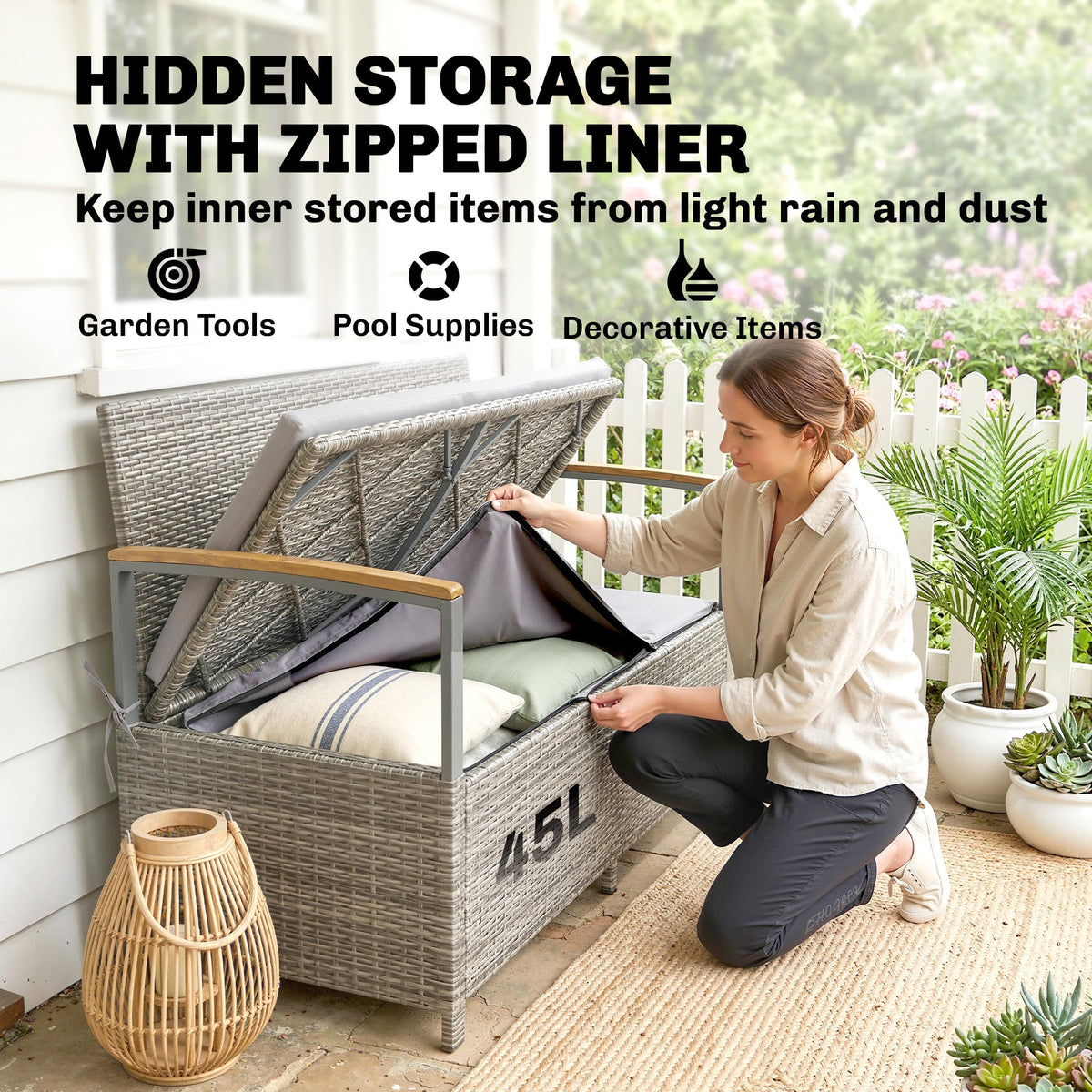 144L 2-Seater Rattan Storage Bench with Acacia Armrests & Gas Strut, Light Grey