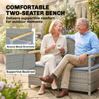 144L 2-Seater Rattan Storage Bench with Acacia Armrests & Gas Strut, Light Grey