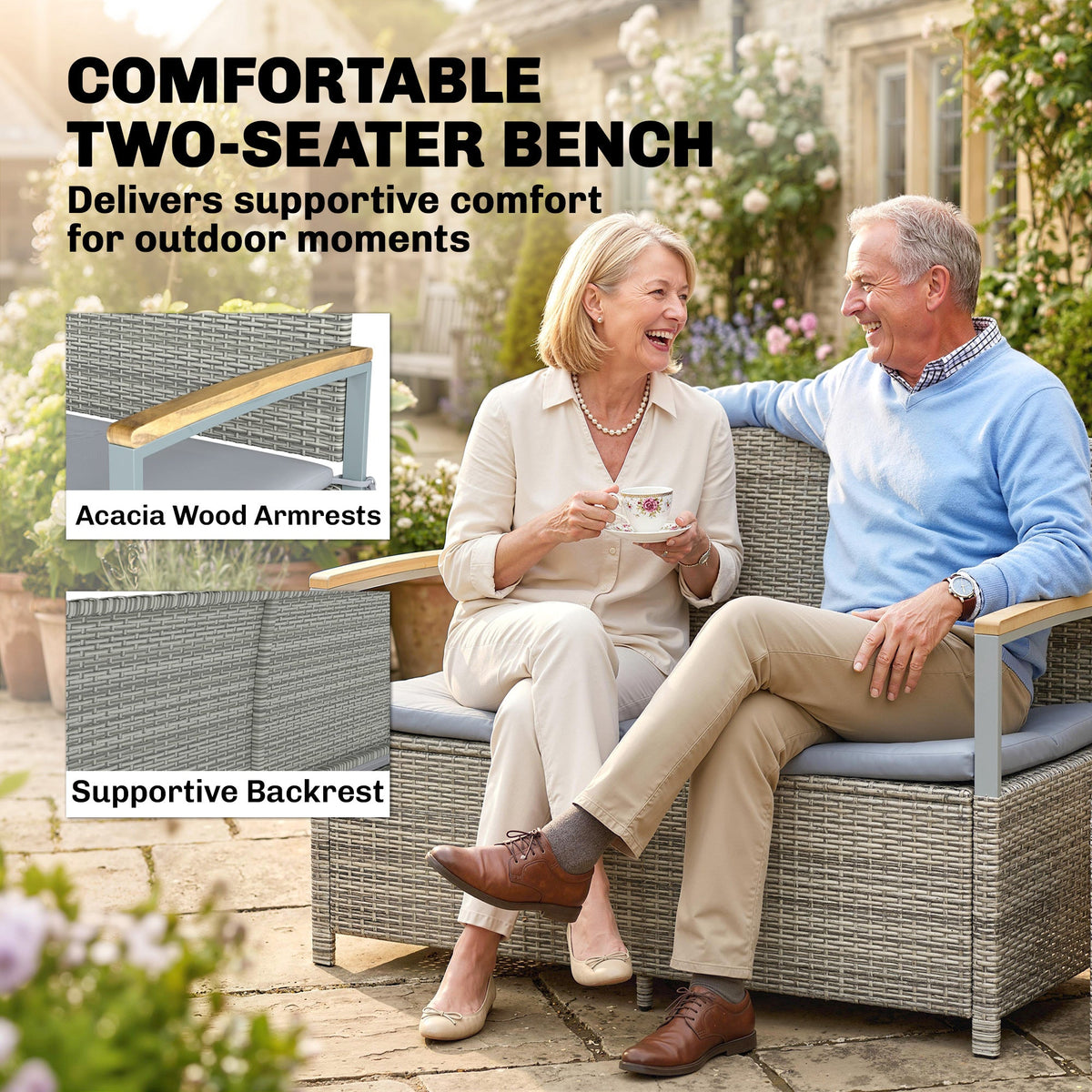 144L 2-Seater Rattan Storage Bench with Acacia Armrests & Gas Strut, Light Grey