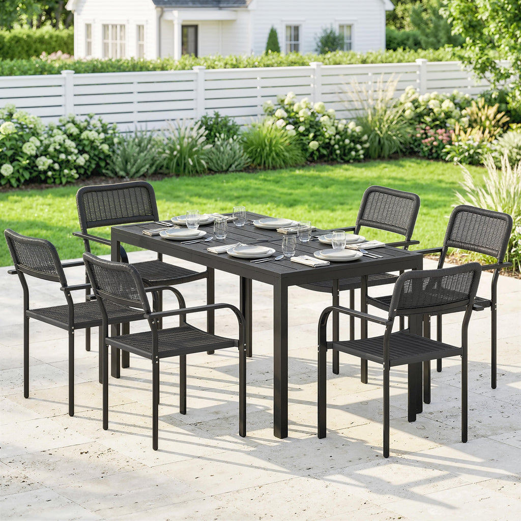 7-Piece Garden Dining Set with 6 Faux Rattan Chairs & Wood-Effect Table, Black