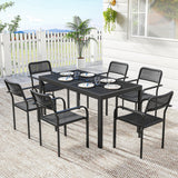 7-Piece Garden Dining Set with 6 Faux Rattan Chairs & Wood-Effect Table, Black