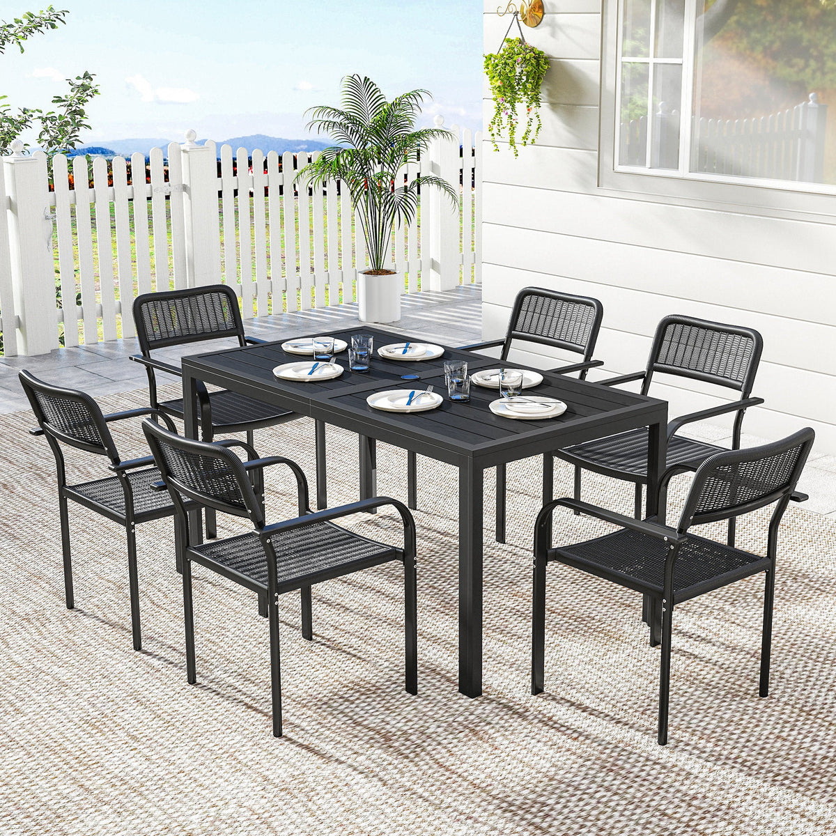 7-Piece Garden Dining Set with 6 Faux Rattan Chairs & Wood-Effect Table, Black
