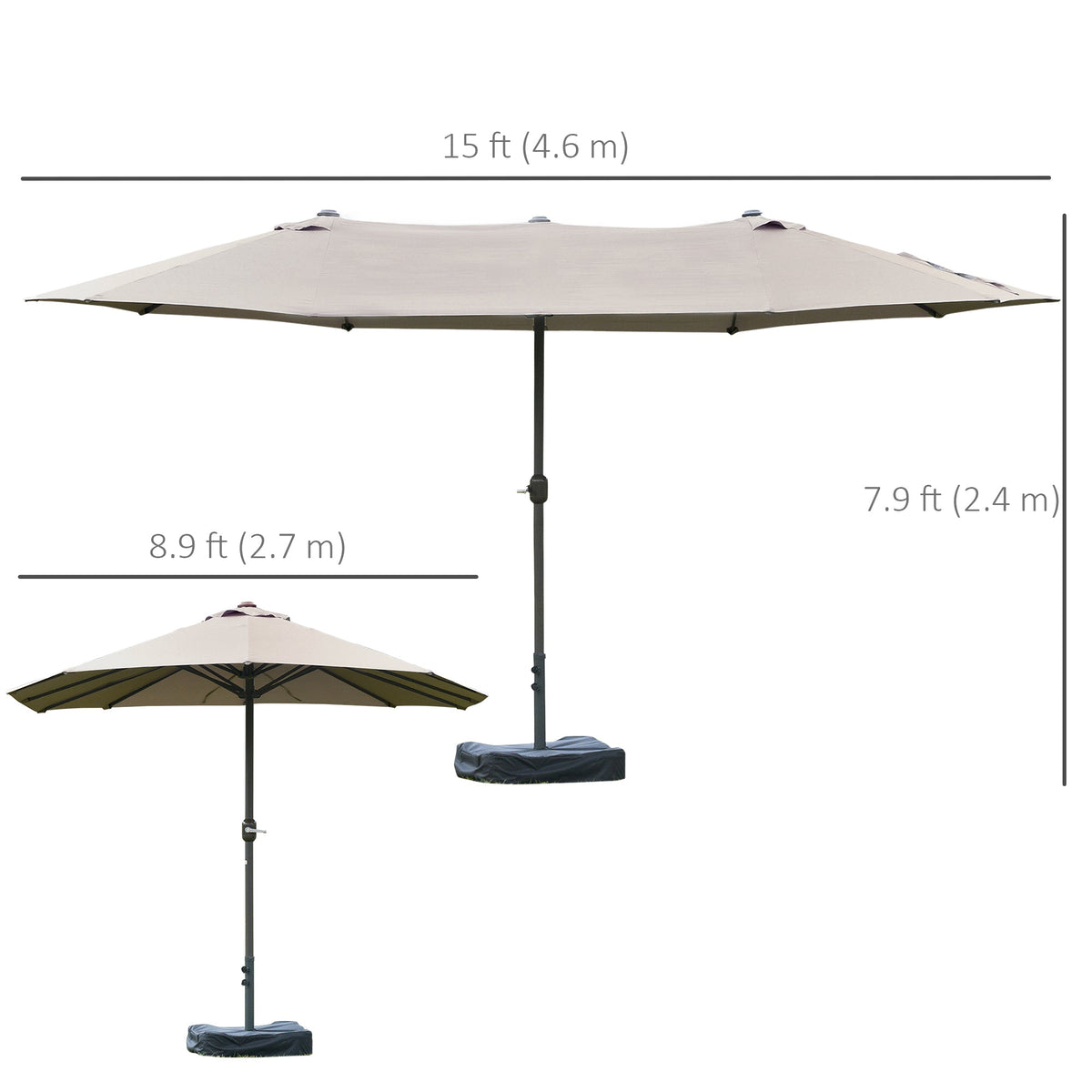 15' Outdoor Patio Umbrella with Twin Canopy, Lift Crank and Sandbag, Light Grey