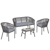 ARVOYA 4-Piece Rope Sofa Set with Loveseat, 2 Chairs & Tempered Glass Table, Dark Grey