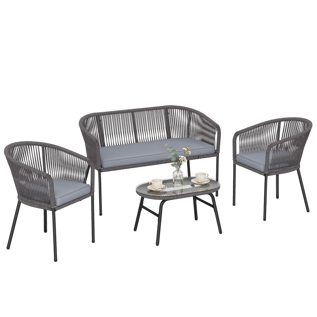 ARVOYA 4-Piece Rope Sofa Set with Loveseat, 2 Chairs & Tempered Glass Table, Dark Grey