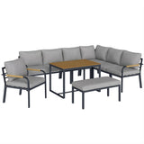 7 Seater Garden Furniture Set with Faux Wood Table, Light Grey
