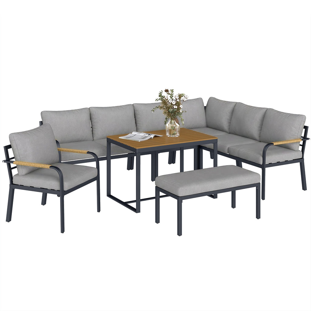7 Seater Garden Furniture Set with Faux Wood Table, Light Grey