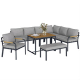 7 Seater Garden Furniture Set with Faux Wood Table, Light Grey
