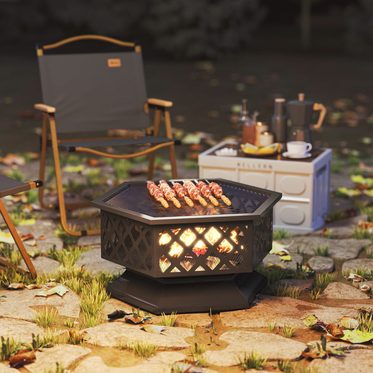 28" Outdoor Fire Pit Grill with Cooking Grate, Fire Poker and Spark Screen Lid