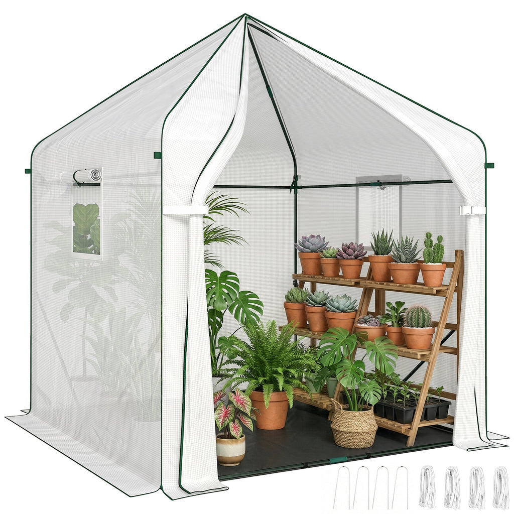 63" x 63" x 78.7" Mini Walk-in Greenhouse with PE Cover, Roll-up Door & 3 Mesh Windows, White