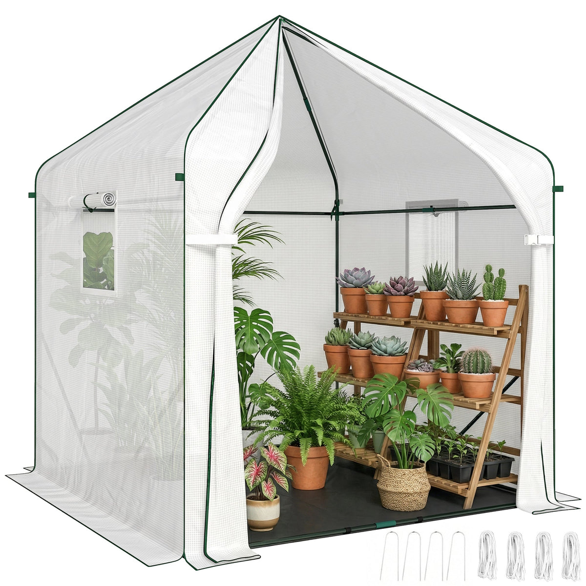 63" x 63" x 78.7" Mini Walk-in Greenhouse with PE Cover, Roll-up Door & 3 Mesh Windows, White