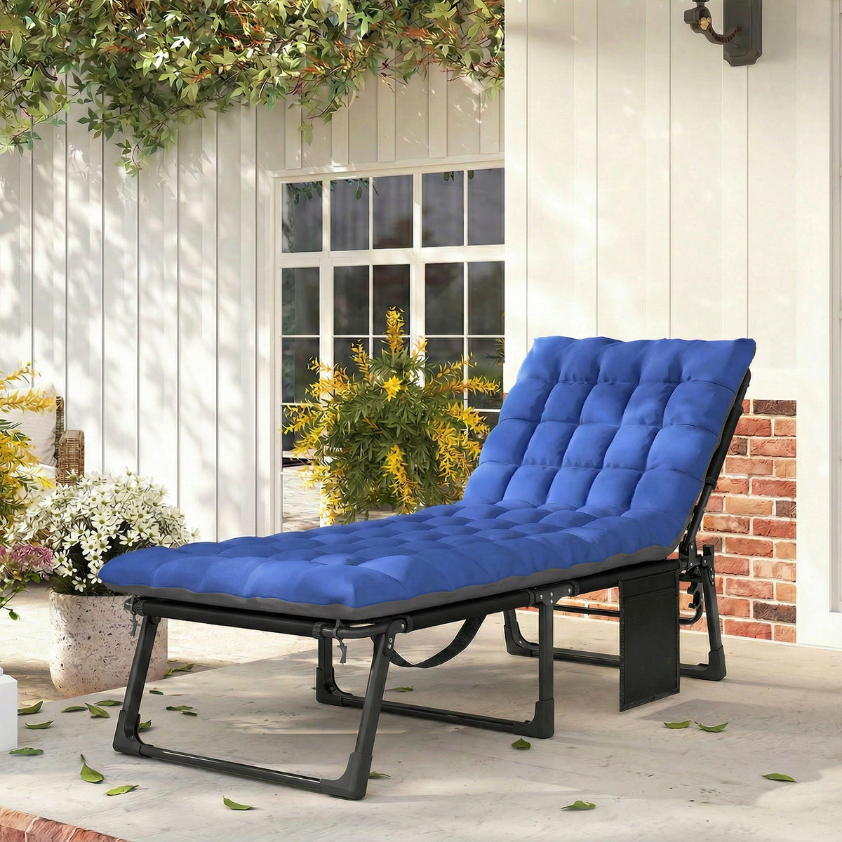 Folding Lounge Chair, 75 cm Wide with Cushion and Side Pocket, Dark Grey/Blue