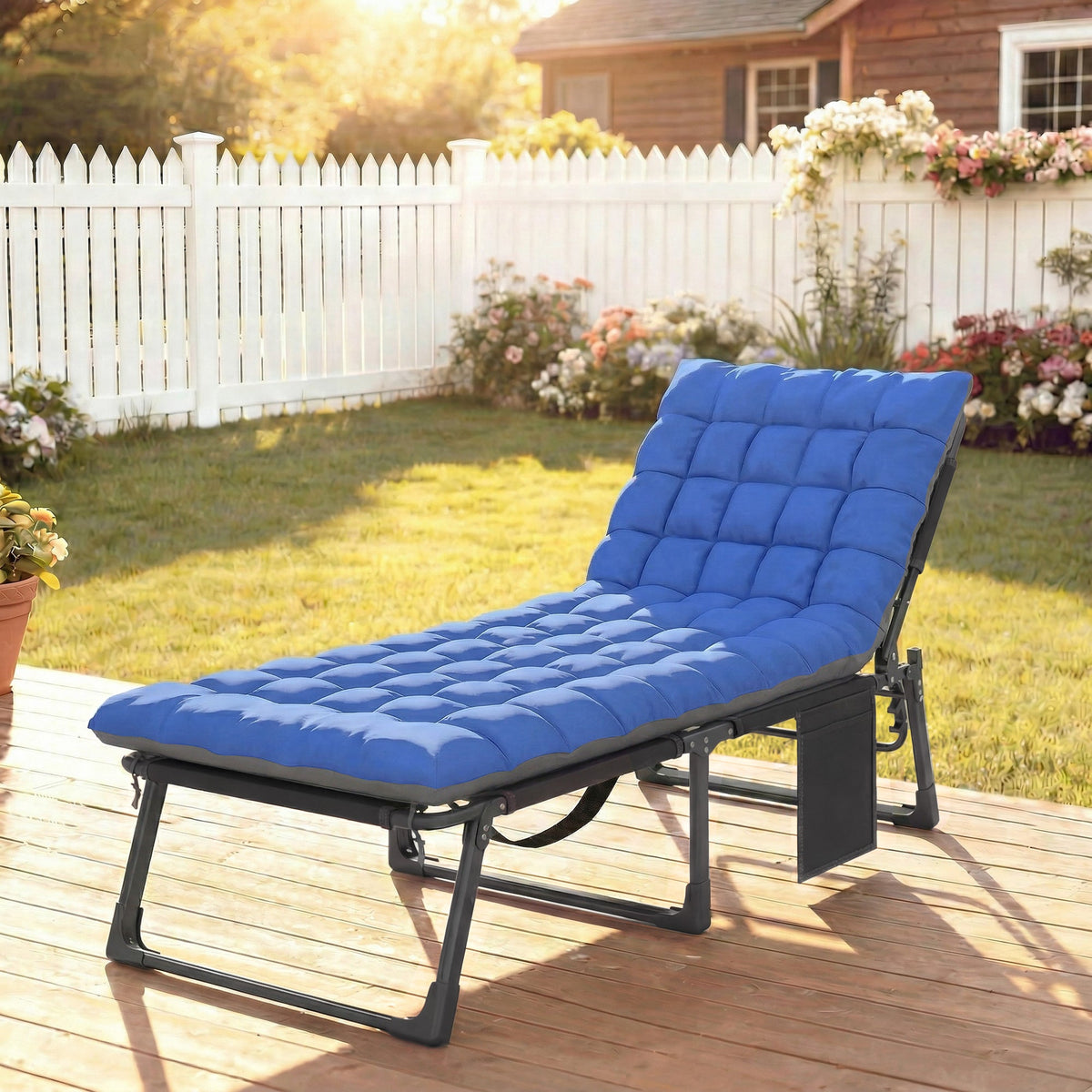 Folding Lounge Chair, 75 cm Wide with Cushion and Side Pocket, Dark Grey/Blue