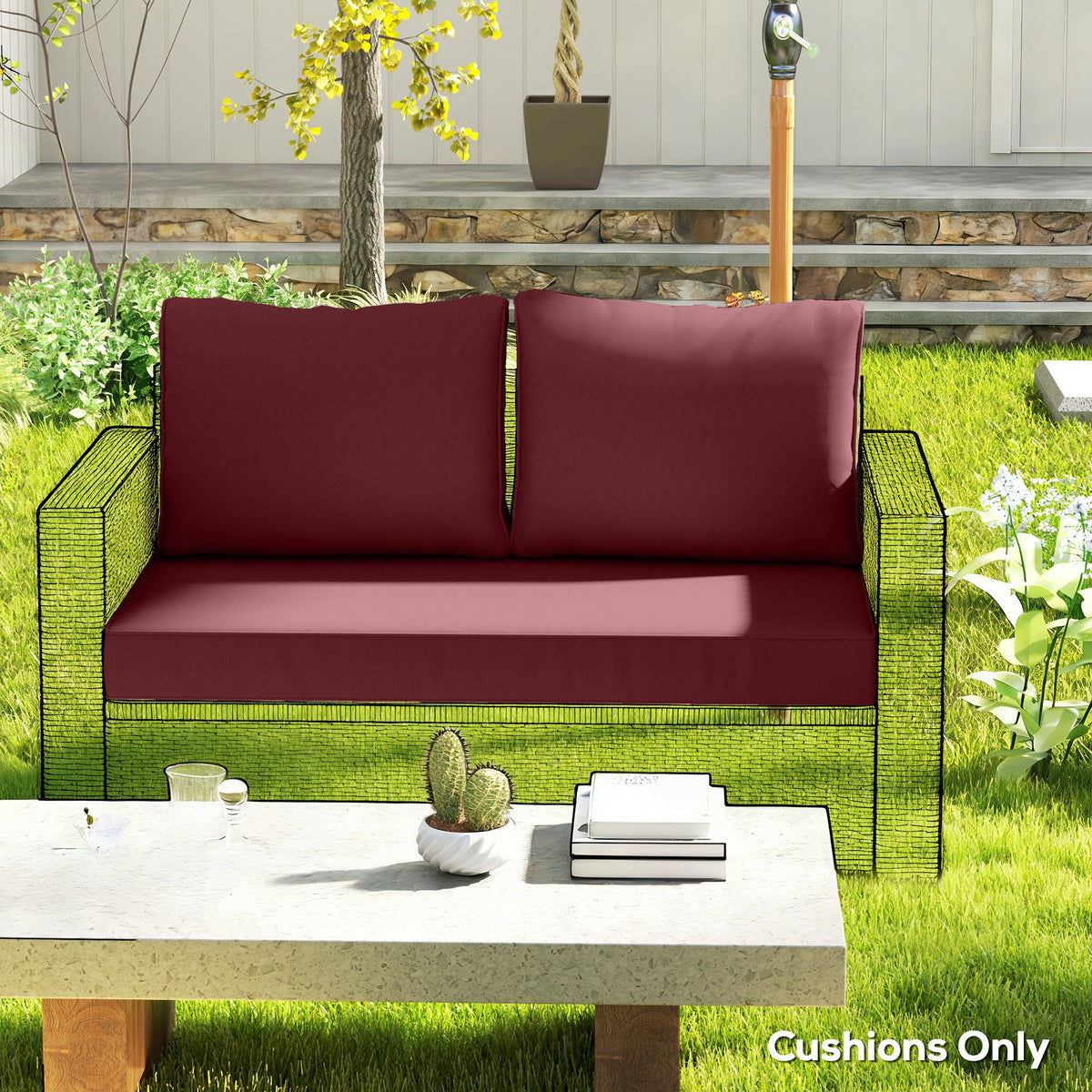 2 Seater Outdoor Seat Cushions with Backrest, Wine Red