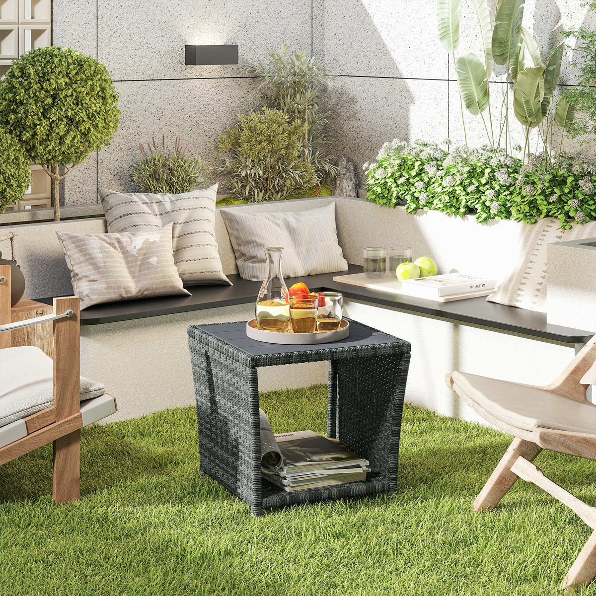 2-Tier PE Rattan Side Table with Storage Shelf, Grey