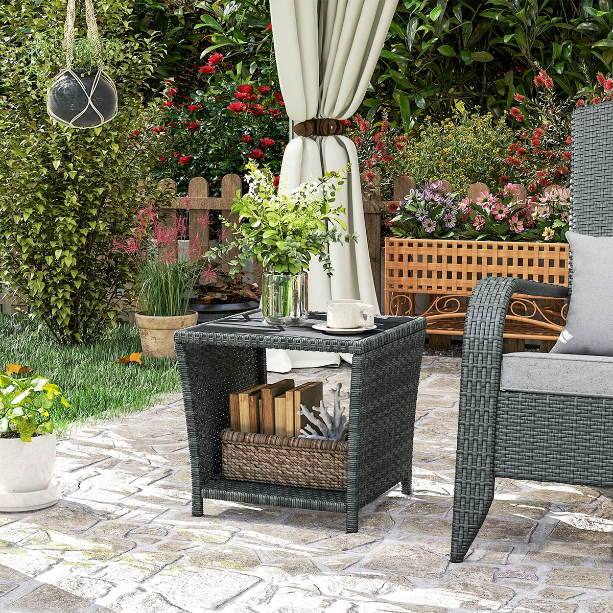 2-Tier PE Rattan Side Table with Storage Shelf, Grey