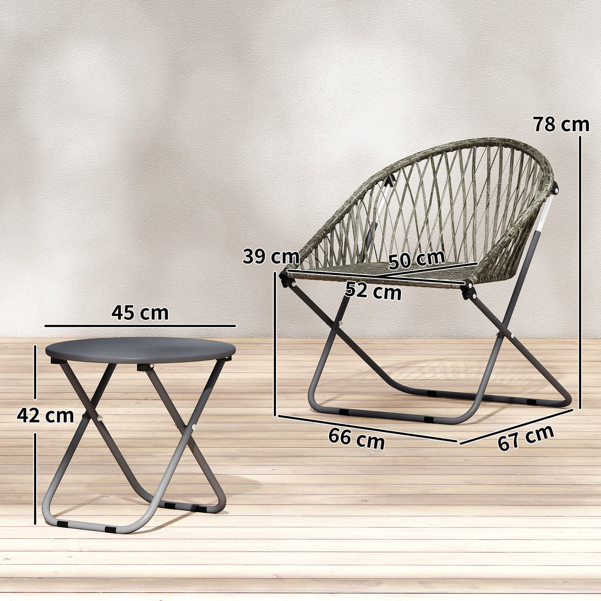 3 Piece Patio Bistro Set with Folding Rattan Chairs, Grey
