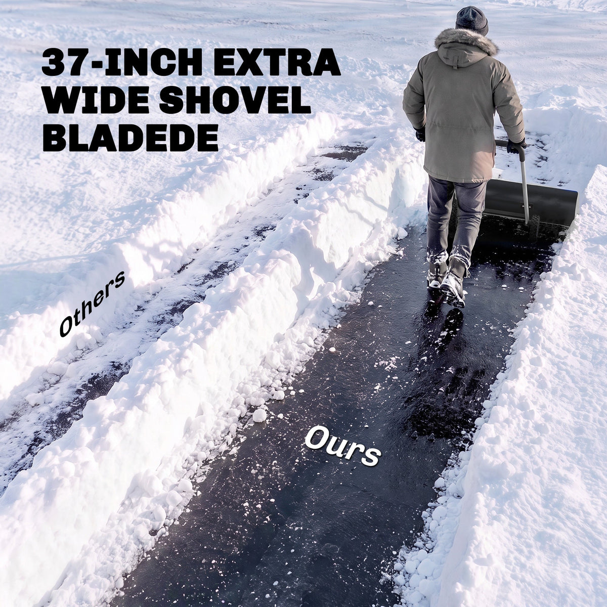 37" Extra-Wide Aluminum Snow Pusher with Wheels and Ergonomic Handle, Black