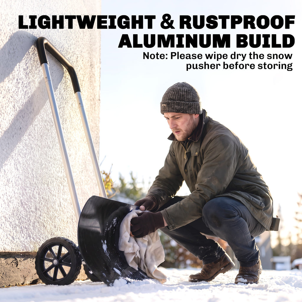 37-Inch Extra-Wide Snow Pusher with Wheels, Black, Adjustable Ergonomic Handle