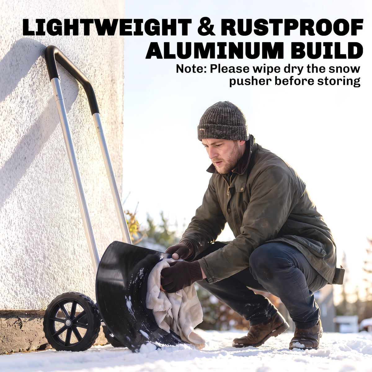37-Inch Extra-Wide Snow Pusher with Wheels, Black, Adjustable Ergonomic Handle
