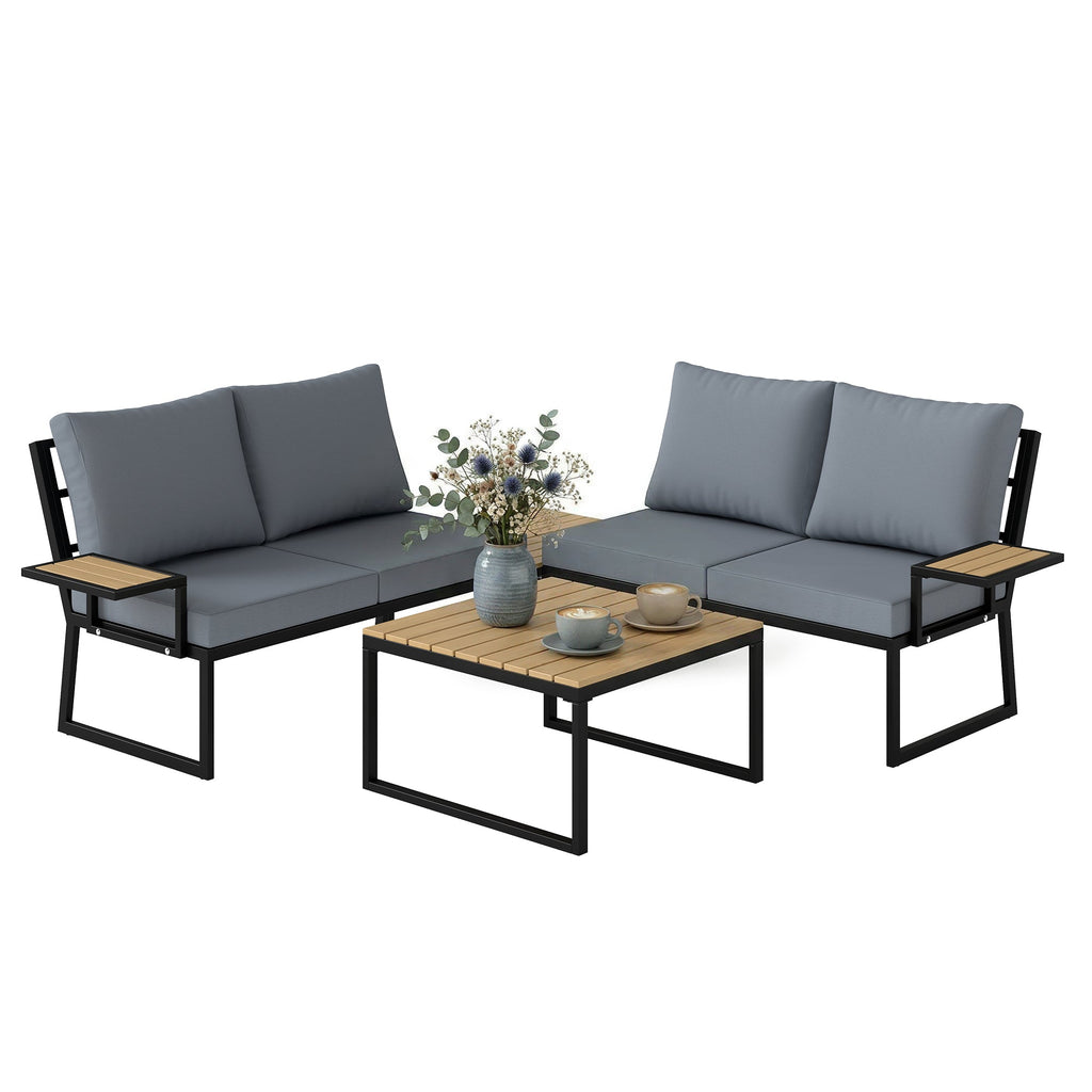 4 Seater Rattan Corner Sofa Set with 2 Nesting Tables, Teak