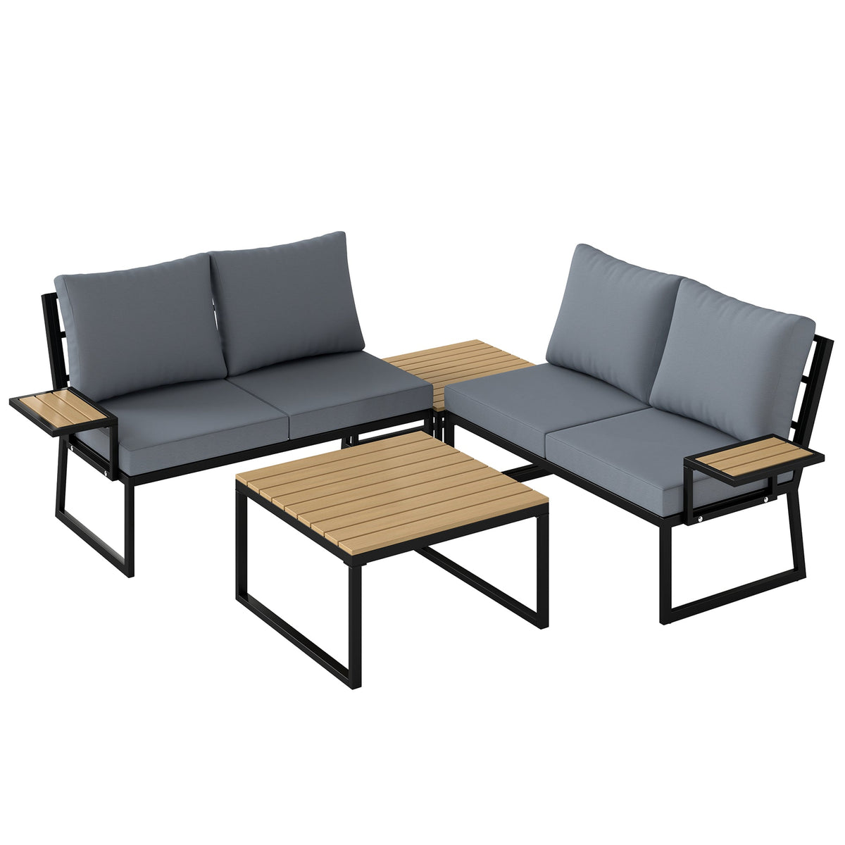 4 Seater Rattan Corner Sofa Set with 2 Nesting Tables, Teak