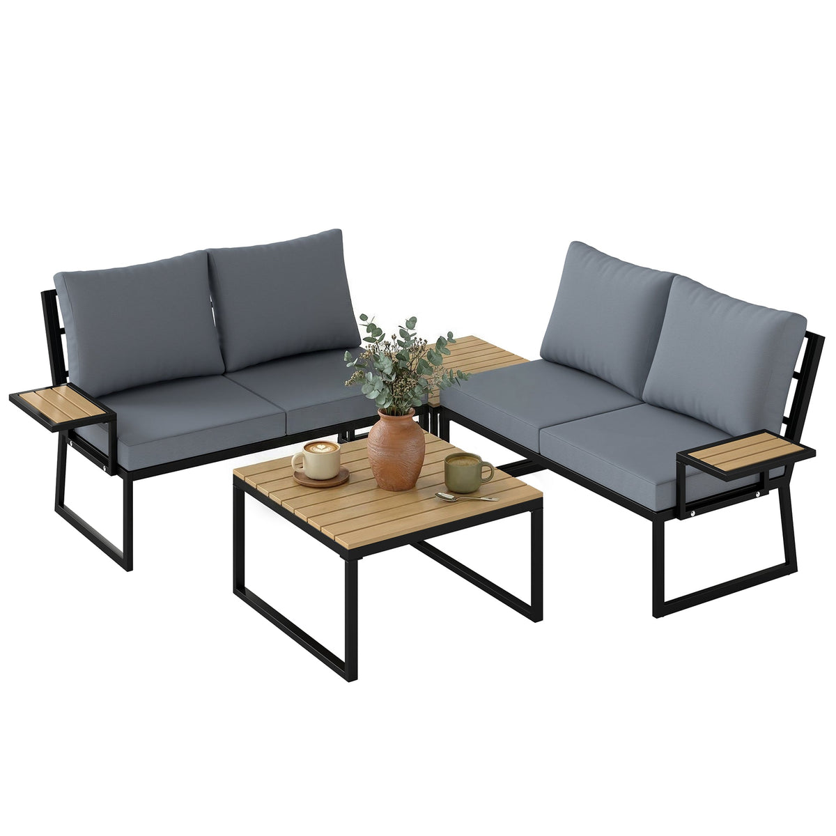 4 Seater Rattan Corner Sofa Set with 2 Nesting Tables, Teak