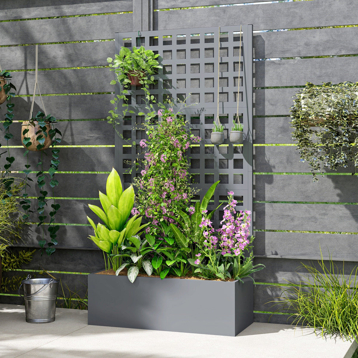35" x 16" x 70" Raised Garden Bed with Trellis and Privacy Screen, Grey Wood Effect