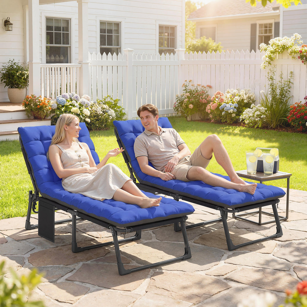 2 Piece Reclining Outdoor Chaise Lounge Chairs with Cushions, Dark Gray/Blue