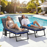 2 Piece Reclining Outdoor Chaise Lounge Chairs with Cushions, Dark Gray/Blue