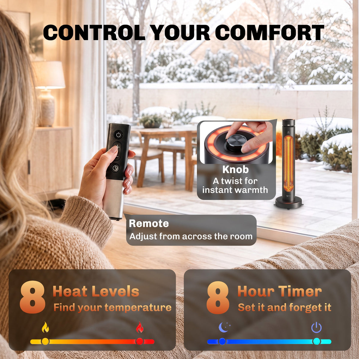 2000W Electric Infrared Patio Heater with Remote & Oscillation, 8H Timer, Black
