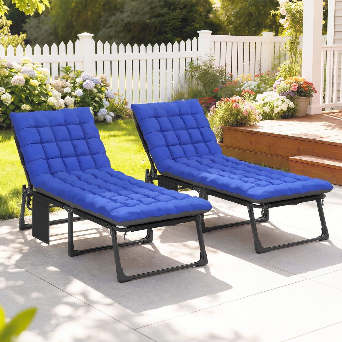 2 Piece Reclining Outdoor Chaise Lounge Chairs with Cushions, Dark Gray/Blue