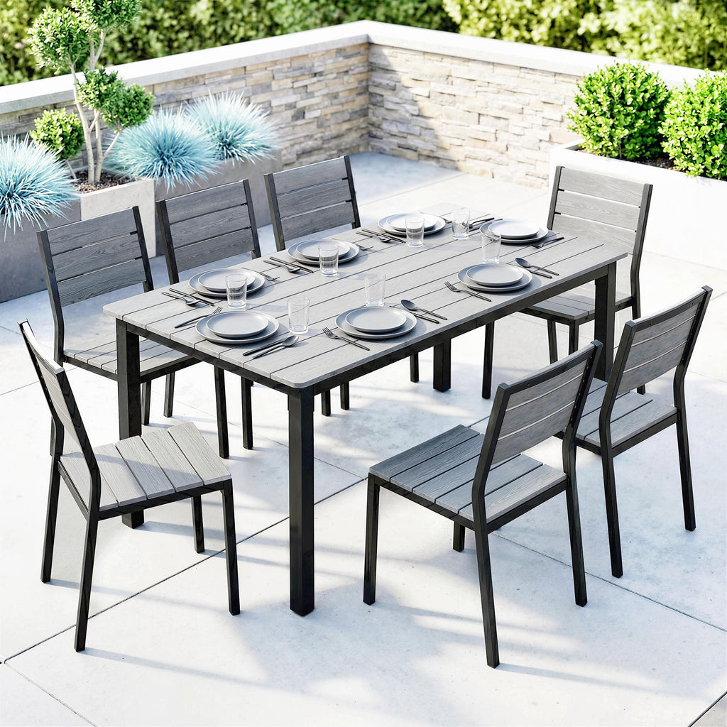 180 x 86 cm Garden Dining Table for 6-8 with Wood Slatted Top, Grey
