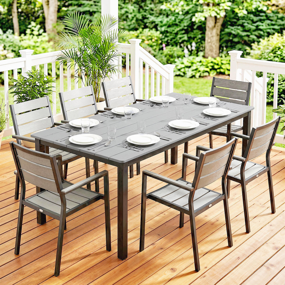 180 x 86 cm Garden Dining Table for 6-8 with Wood Slatted Top, Grey