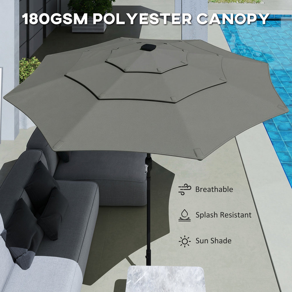 3 m Garden Parasol with 3-Tier Roof, Crank Handle & Tilt, Grey