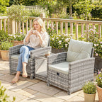 5-Piece Rattan Patio Set with Ottomans and 2-Tier Glass Coffee Table, Grey Cream