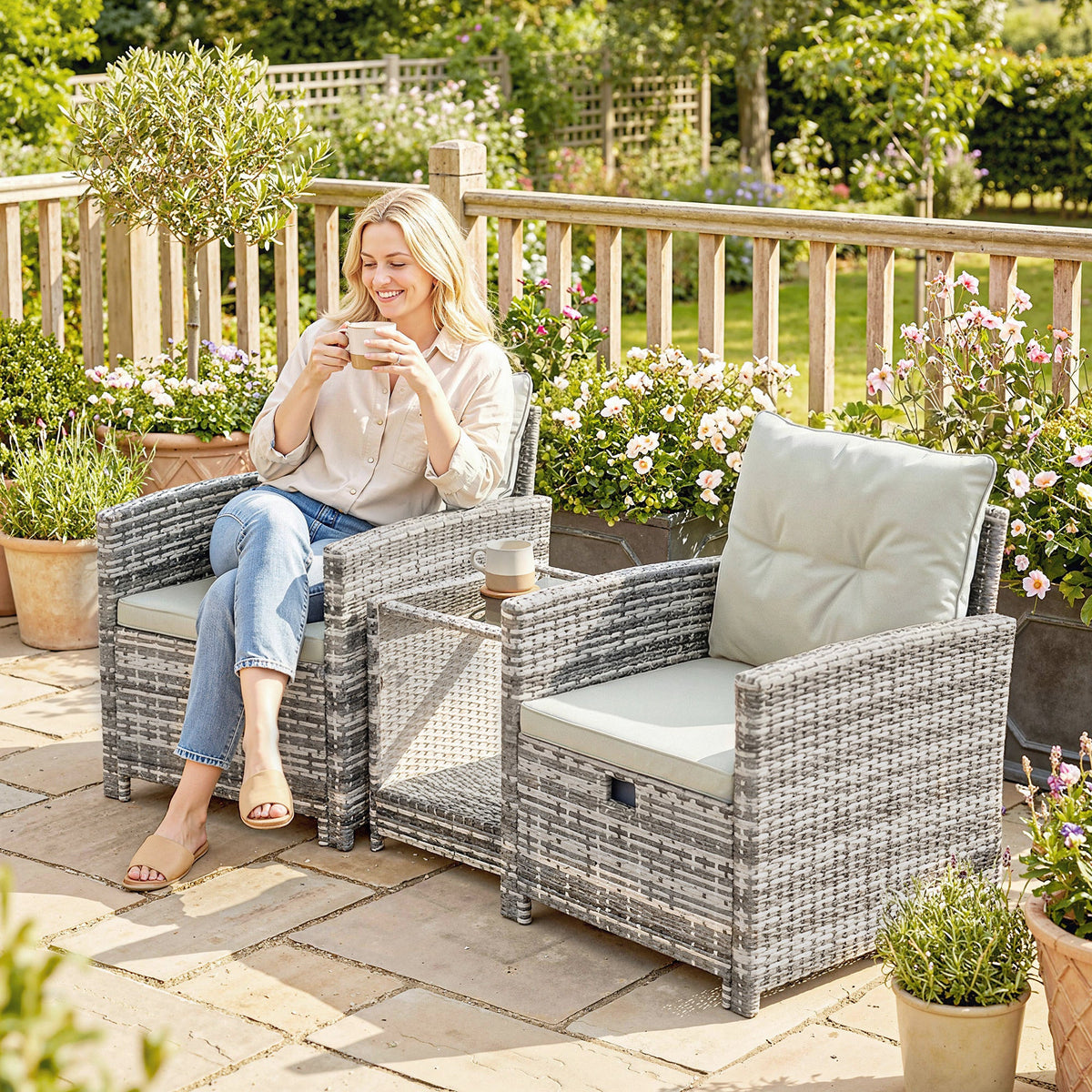 5-Piece Rattan Patio Set with Ottomans and 2-Tier Glass Coffee Table, Grey Cream