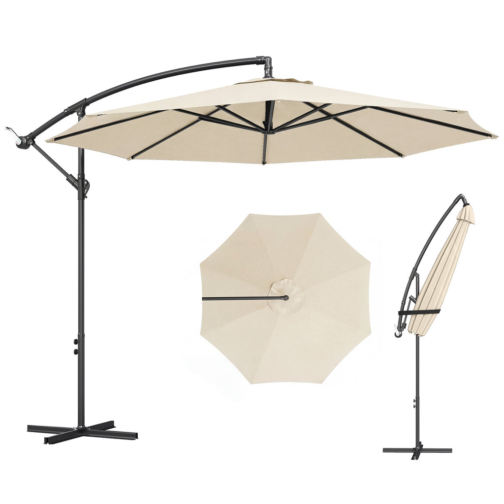 3 m Banana Parasol with Crank Handle, 8 Ribs & Cross Base, Cream White
